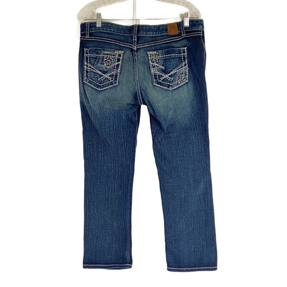 BKE Sabrina Jeans Women’s Sz 33 Blue Cropped Distressed Mid-Rise Thick Stitching - Picture 1 of 15